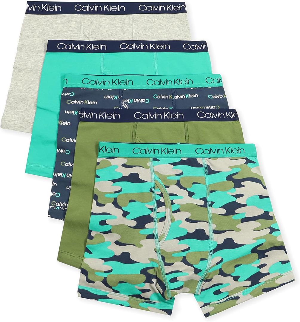 Calvin Klein Boys' Modern Cotton Boxer Briefs (5 Pack) (Small, Heather Grey/Camo/Navy/Green/Olive)