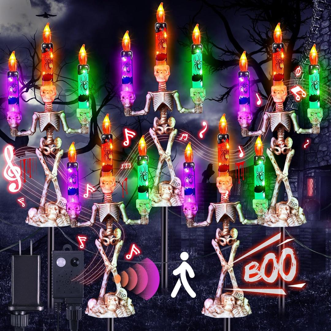 35 Inch Halloween Candle Light Stakes With 6 Modes Music Sync Spooky Sounds, 5 Pack Large Skeleton Hands Hold Candle Pathway Lights for Yard Lawn Outdoor Decorations