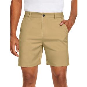 PULI Men's Golf Dress Shorts Flat Front Hybrid 7 Inch Lightweight Quick Dry Chino Casual with Pockets (Beige)