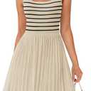 ZESICA Women's Summer Sleeveless Mini Dress 2025 Square Neck Striped Knit A Line Pleated Tank Dresses ( Black, Smal)l