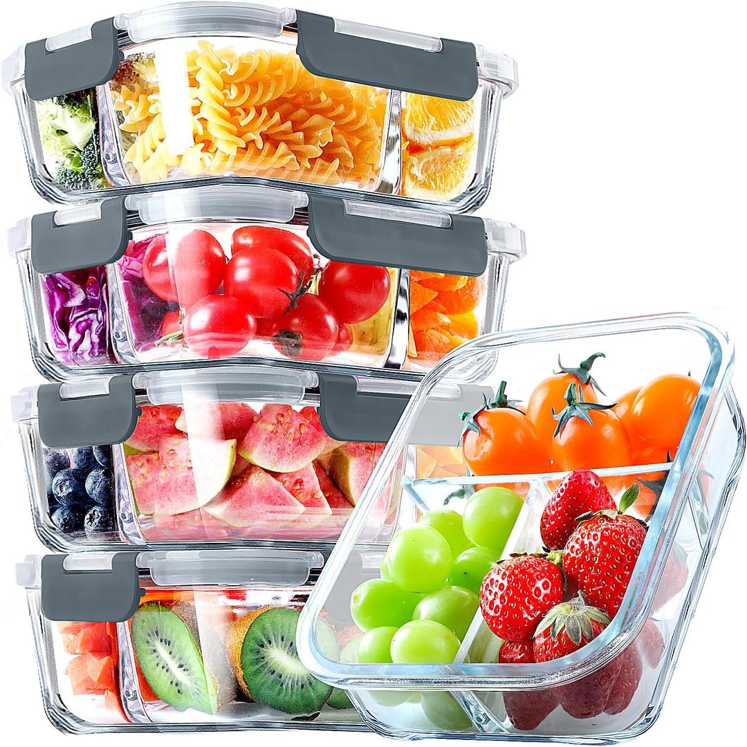 VERONES 5 Pack Glass Meal Prep Containers 3 Compartment Set, 36OZ Airtight Glass Lunch Containers, Glass Food Storage Containers with Lids, for Microwave, Oven, Freezer & Dishwasher Friendly,Grey