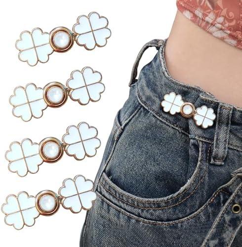 Pack of 4 Handlein 4 Sets Adjustable Jeans Button, No Need to Sew Detachable Button Pins, Perfect Fit Detachable Instant Button. (White Lucky Grass)