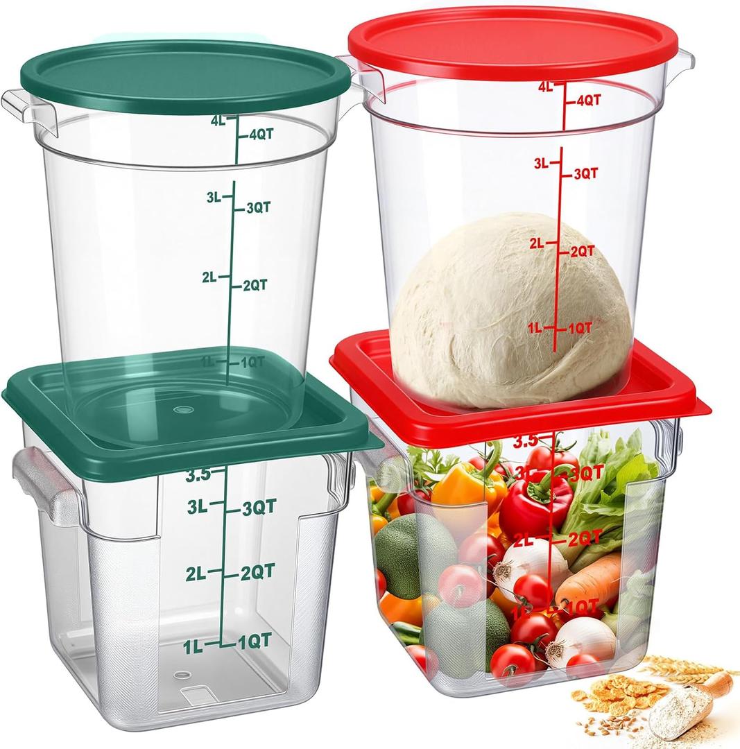 4 Pcs Food Storage Container with Lids Set 4 Qt Square and Round Clear PC Commercial Containers with Scale Handle for Home Restaurant Kitchen Food Storage, Dough Rise, Flour(Green and Red) 4 Pcs Food Storage Container with Lids Set 4 Qt Square and Round Clear PC Commercial Containers with Scale Handle for Home Restaurant Kitchen Food Storage, Dough Rise, Flour(Green and Red)