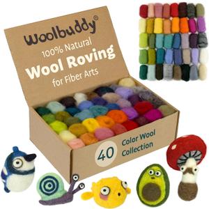 Woolbuddy Wool Roving Kit - 40 Vibrant Corriedale Wool Colors for Wet & Dry Felting Soft, Carded Core Wool for Beginners & Artists Premium Felting Supplies