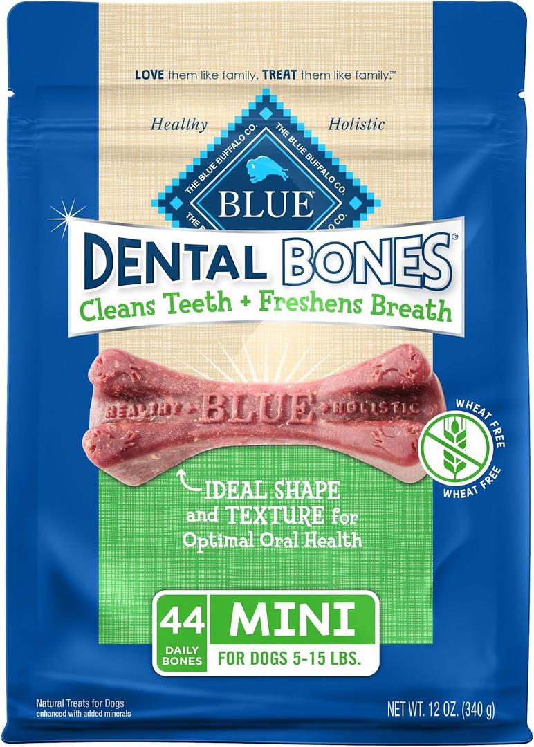 Blue Buffalo Mini Dental Bones, 12 oz, 44 Mini Bones | Cleans Teeth, Parsley Freshens Breath, Peas & Blueberries For Digestion Support, For Dogs 5 to 15 lbs. (EXP 04/06/26)
