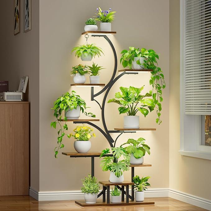 Plant Stand Indoor with Grow Light: Lighted Plant Stands 54.6" Tall, 9 Tiered Large Plant Shelf for Indoor Growing, S-Shaped Flower Holder Display for Multiple Plants, Living Room, Patio (Black)