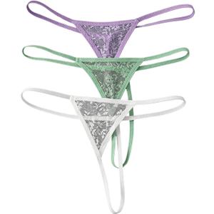 SOLY HUX Women's 3 Piece Lace Thongs Panties Underwear Low Rise Panty Set (Medium, Purple, Green and White)