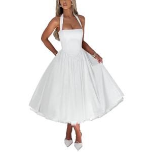 Women Summer Halter Dress Low Cut Sleeveless A Line Tulle Swing Flowy Tea Length Dress Corset Prom Formal Ball Gowns (White, X-Large)