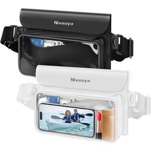 Niveaya IP68 Waterproof Fanny Pack - 2 Pack, Floating Dry Bag Pouch, Phone Waterproof Waist Pouch Dry Bag, Beach, Kayaking, Swimming, Boat Essentials, for iPhone 17/16/15/14/13/12 Pro Max up to 9.5" (Black&White)