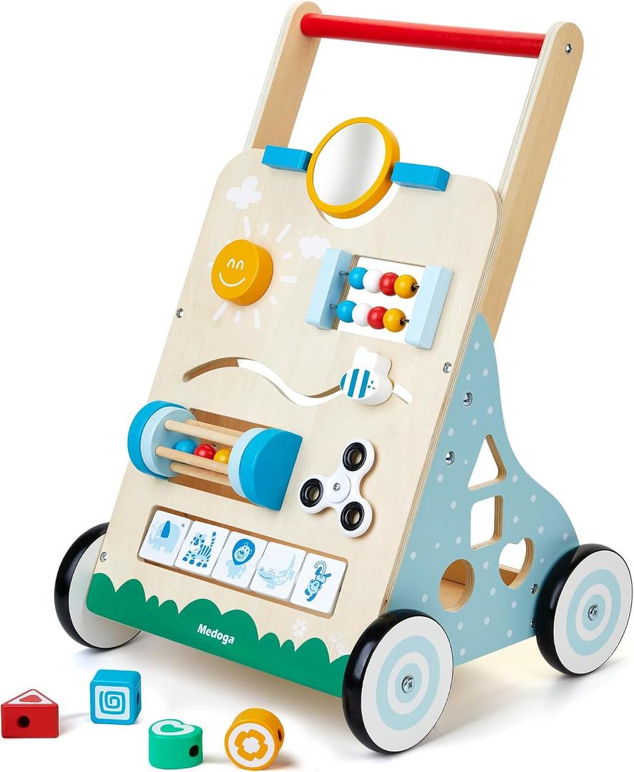 Wooden Baby Walker, 10 in 1 Baby Activity Center Walker Adjustable Wood Toddler Walker Push Walker Toy for Boys and Girls (BW001)