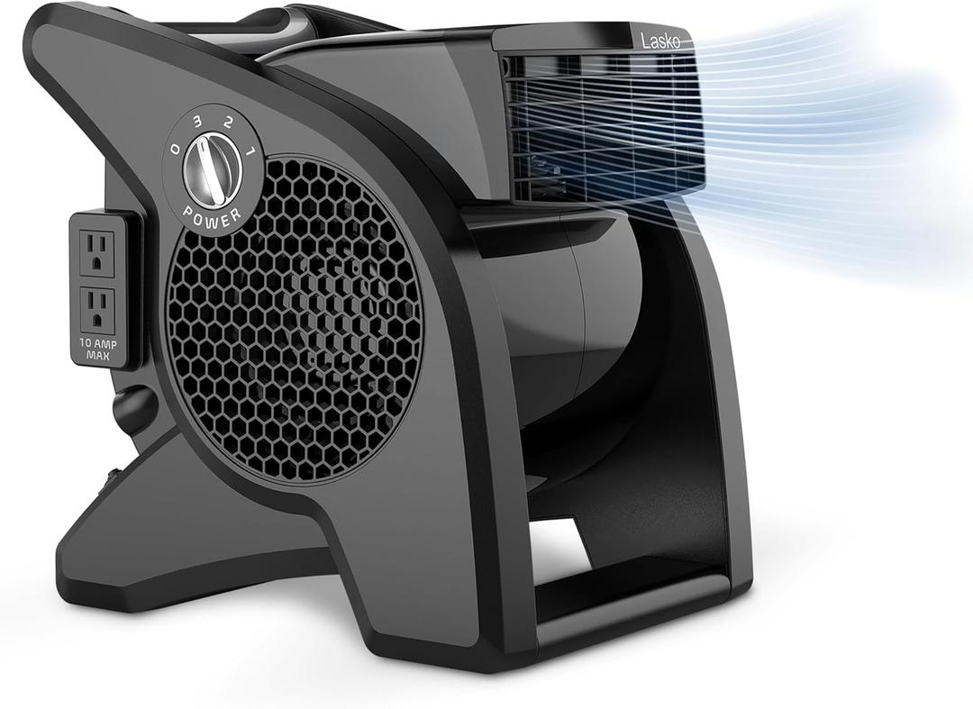 Lasko High Velocity Fan, 15", 375 CFM, Professional Utility Pivoting Blower Fan with 3 Speeds, 2 Accessory Outlets, 120V, Black, Model U15617