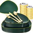 DaYammi 180Pcs Green Plastic Plates, Green Gold Disposable Plates with Gold Silverware Dinnerware Set Include: 30 Dinner Plate,30 Dessert Plate,90 Plastic Cutlery,30 Cups for Party Dinner Wedding