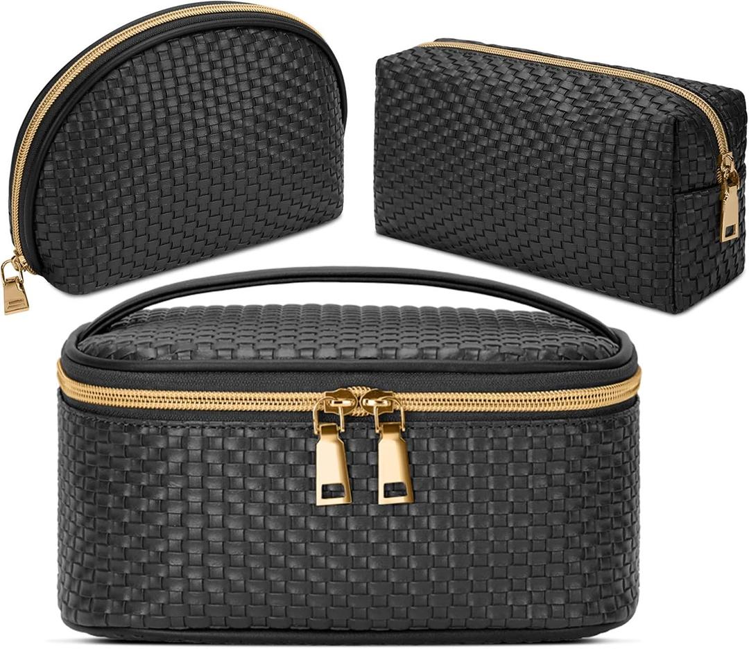 KTMOUW Makeup Bag 3 Pcs Waterproof Cosmetic Bag Portable Travel Cosmetic Bag Weave Organizer Storage Bag (Black)
