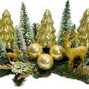 Lighted Christmas Table Centerpiece with Timer Golden Christmas Tree Frosted Pine Trees Glitter Christmas Deer Reindeers Figurine Snow Flocked Cedar Branches for Dining Table Holiday Party Home Mantel