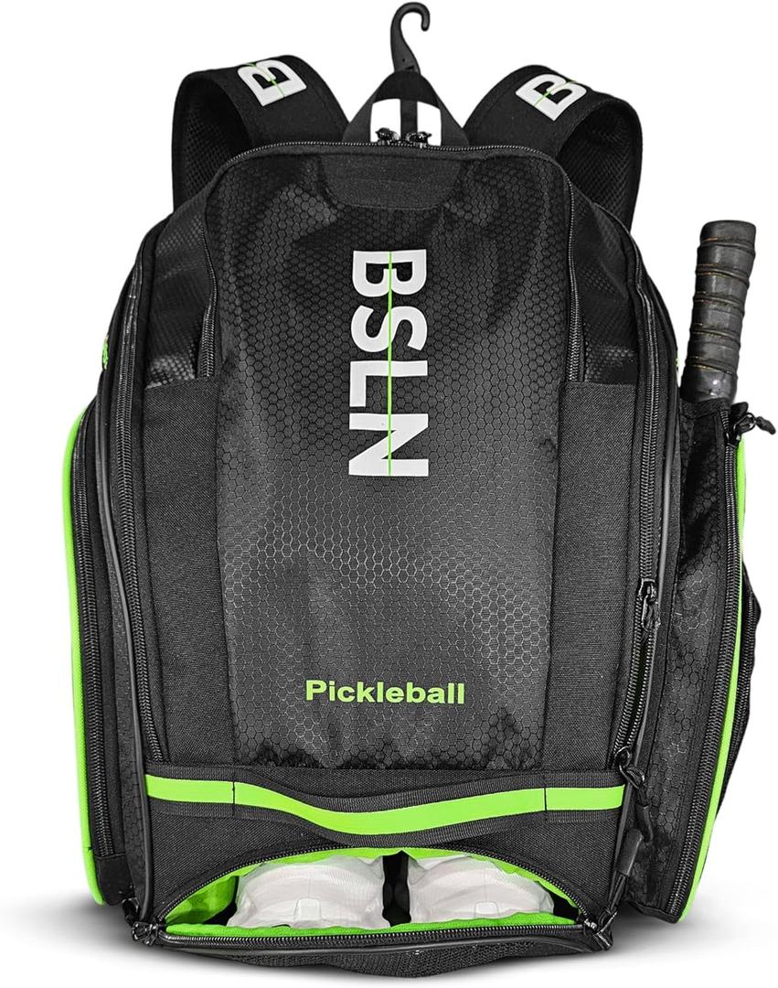 BSLN Pickleball Bag  Large Pickle Ball Sports Backpack with Padded Paddle Pockets & Large Bottom Sack for Shoes  Hanging Fence Hook, Storage Compartments for Laptop, Insulated Water Bottle (Green)