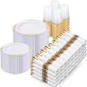 Nervure 700PCS Gold Plastic Plates - Gold Plastic Dinnerware Sets for 100 Guests - 200 Disposable Plates, 300 Silverware, 100 Cups, 100 Napkins for Wedding & Party (White and Gold)