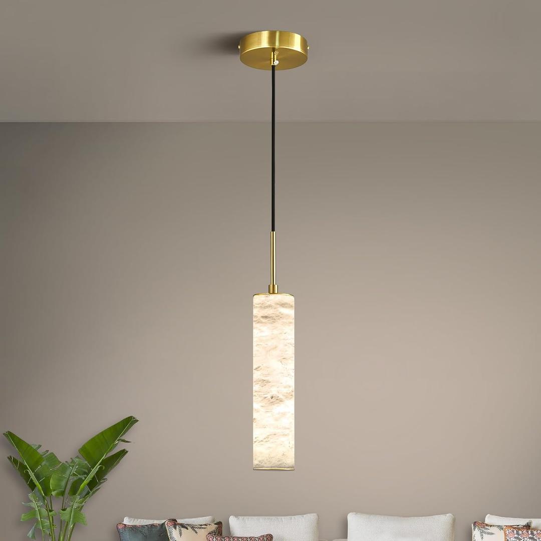 LMQNINE Natural Alabaster Pendant Lights for Kitchen Island White Marble Long Tube Chandelier 4000K Modern Gold Ceiling Light Fixtures for Bedroom Dining Room Table Living Room Hallway(S-1Pack)