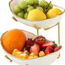 2 Tier Ceramic Fruit Bowl for Kitchen Counter, Tiered Fruit Basket for Countertop, Modern Multi Layer Fruit Display Stand for Party, Cute (Gold&White, Small) 1