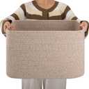 OIAHOMY Cotton Rope Basket, Rectangle Woven Nursery Blanket Basket, Toy Storage Basket with Handle, Baskets for Organizing, 18x14x12, Brown variegated