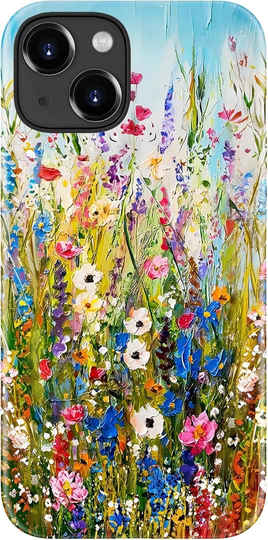 for iPhone 13 Case - Wireless Charging Compatible - Dual-Layer Hard Shell + Silicone Cover - Shockproof Protective Phone Case with Stylish Designs for Women - Wildflowers Painting