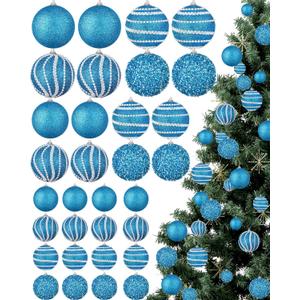 32 Pcs Christmas Hanging Balls - 3 Size Glitter Pearl & Sequin Xmas Tree Ornaments Pearl Balls for Thanksgiving Day Xmas Trees Wreath Garland Holiday Party(Light Blue)