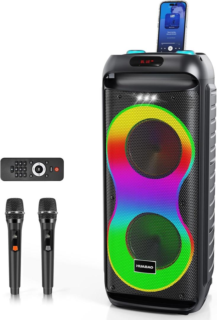 HUABAO Bluetooth Karaoke Speaker with 2 Wireless Microphones 40W Portable PA System with LED Lights, TWS Pairing, 6.5 Dual Woofers, Rolling Wheels, Rechargeable Battery - for Party/Home/Outdoor