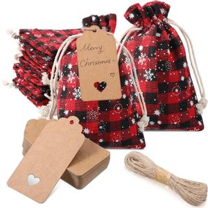 Shappy 24 Pcs Christmas Drawstring Gift Bags Xmas Buffalo Plaid Burlap Advent Bags 7 x 5 Inches Linen Treat Candy Bag with 32.8 ft Rope 24 Card(Black Red Snowflake)