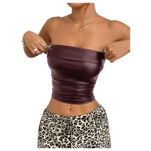 SOLY HUX Women's Faux Leather Crop Tube Top Strapless Sexy Going Out Bandeau Top Party Rave Concert Outfit Pure Black Large