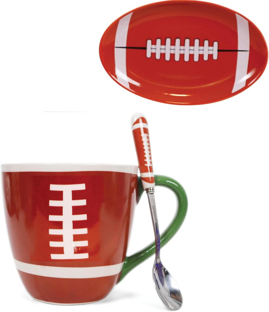 Football Mug Coffee Novelty Ceramic Mug & Cute Football Themed Spoon & Coaster Tray Dish, Great Football Sports Gifts Idea, For Men, Women, Great for Holidays, Birthdays, Fathers Day Etc.