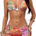 SweatyRocks Women's 3 Piece Swimsuits Floral Print Halter Triangle Bikini Sets Bathing Suit with Cover Up (Large)