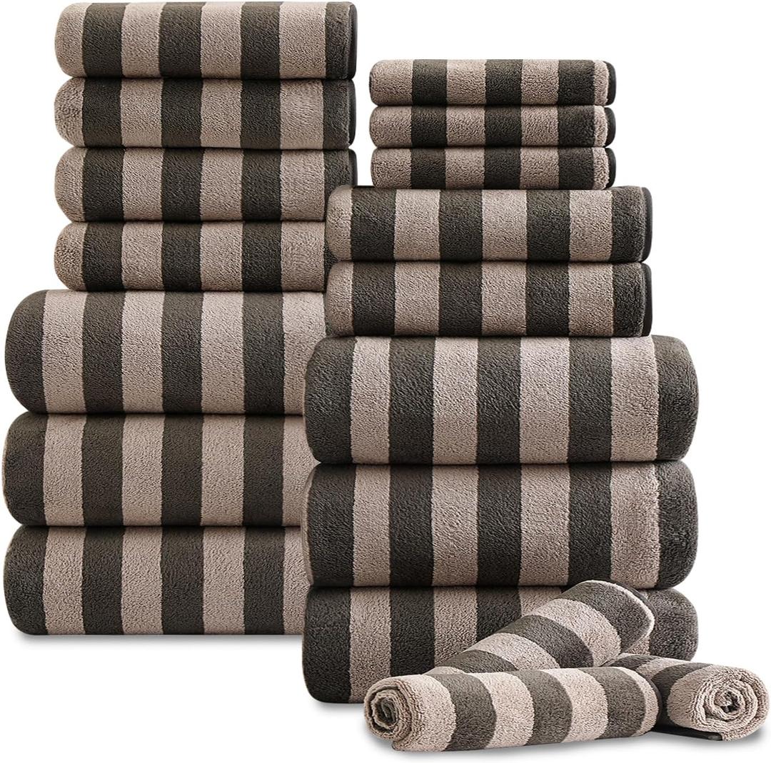18 Pcs Brown Cabana Stripe Family Towels Set with Hanging Loop-6 Bath Sheets,6 Hand Towels,6 Washcloths Ultra Soft Bathroom Towel Highly Absorbent Quick Dry Shower Towel for Beach Chair,Spa,Gym,Hotel