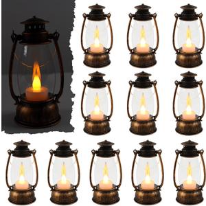 12Pcs Mini Lantern Decorative with Flickering LED Candle, 6Inch Small Western Lantern for Table Centerpiece, Vintage Hanging Candle Holders for Western Halloween Camping Party Decor (Brown)
