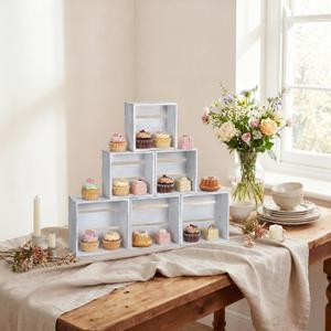 6 Pcs Rustic Wood Crates Cupcake Stand Decorative Wedding Cupcake Display Crates Stackable Distressed Food Risers for Buffet Dessert Table Display, Wedding, Birthday(Antique White)
