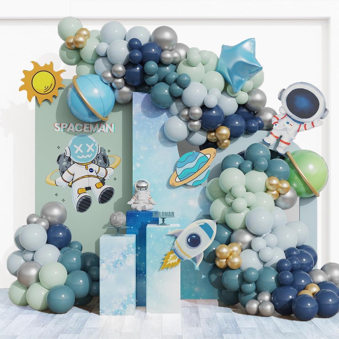 Outer Space Birthday Decorations Balloons Arch Kit 150 pcs Navy Blue Green Silver Latex Balloons For Boys Kids Universe Astronaut Theme Birthday Party Baby Shower Supplies