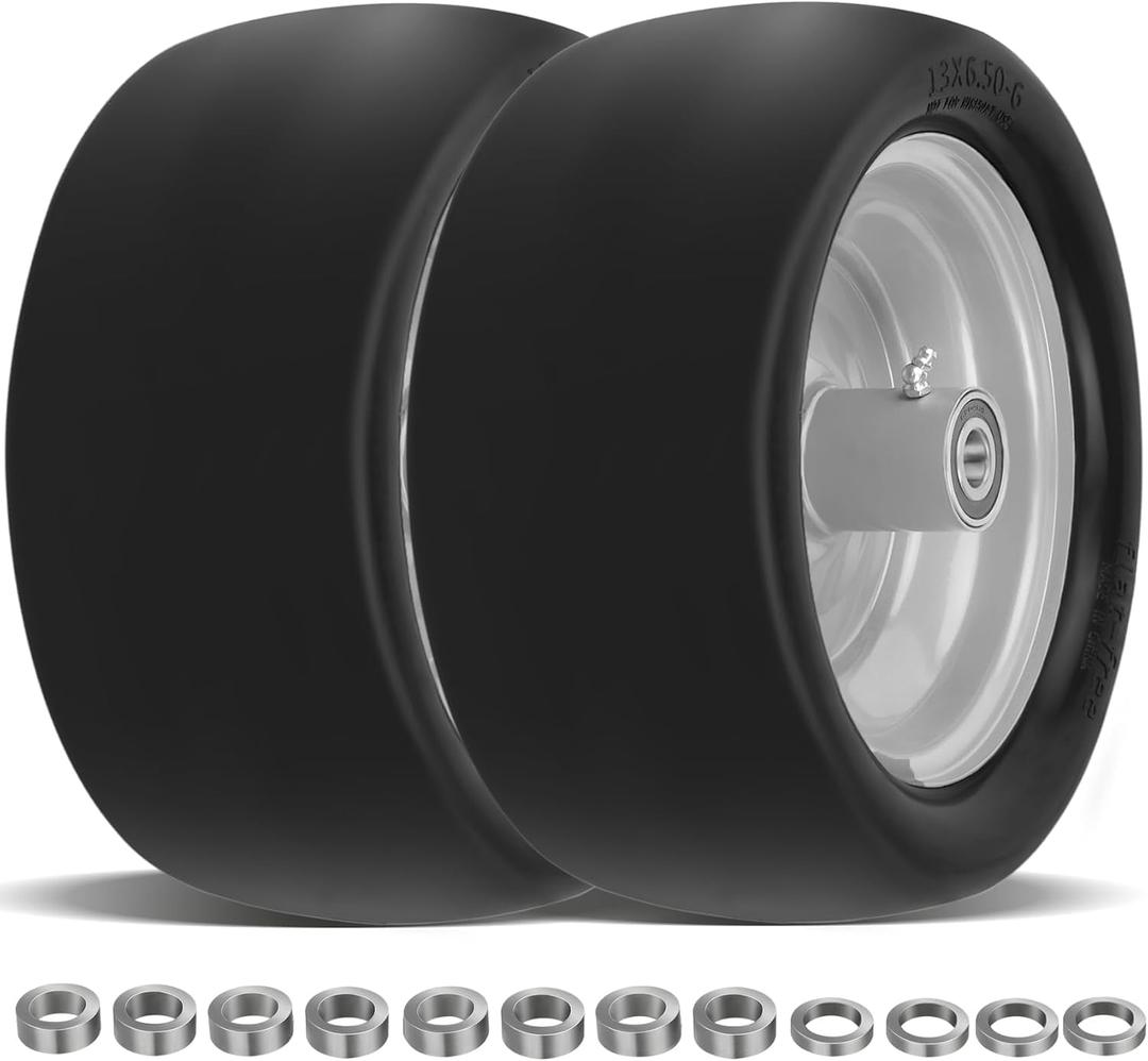 2 Pcs Upgrade 13x6.50-6 Lawn Mower Tires Flat Free with 3/4" 1/2" 5/8" Bearing, 13x6.50-6 Zero Turn Mower Front Tires, 13x6.5-6 Flat Free Lawn Mower Tires for Commercial Grade, 5.5"-7.5" Centered Hub, 3/4 1/2 5/8 Precision Bearing