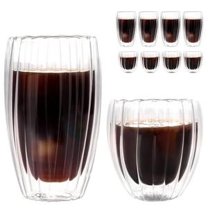 WeirdUncle Set of 8 Double Walled Glass Cups, 4 Thermo Espresso Glasses 9oz & 4 Ribbed Glassware 15oz, Fluted Dsesign, Insulated Coffee Mugs, for Iced Coffee, Latte, Cappuccino, Water, Gift