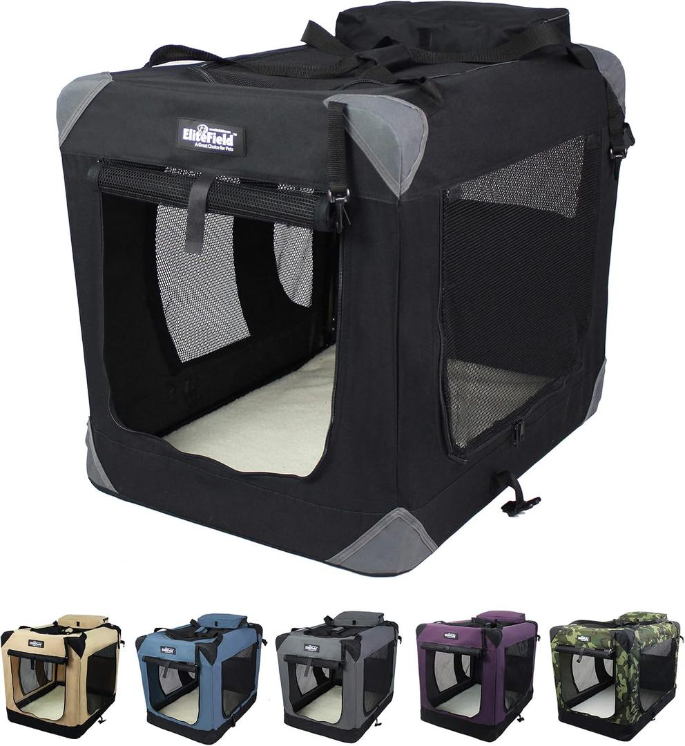 EliteField 3-Door Folding Soft Dog Crate with Carrying Bag and Fleece Bed , Indoor & Outdoor Pet Home (24" L x 18" W x 21" H, Black)