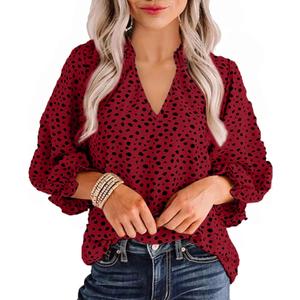 Avanova Women Leopard Print Ruffle V Neck Top 3/4 Long Sleeves Work Business Blouses Shirt (Medium, Red)