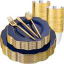 bUCLA 180PCS Blue Plastic Plates - Navy Blue and Gold Rim Disposable Include 30 Each (Dinner & Dessert) Plates, 30 Knives, 30 Forks, 30 Spoons and 30 Cups, Ideal for Party, Gathering and Hanukkah