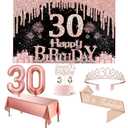 30th Birthday Decorations for Her with Banner, Rose Gold Tablecloth, Number Balloons, 30th Birthday Sash and Tiara, Cake Topper and Candles