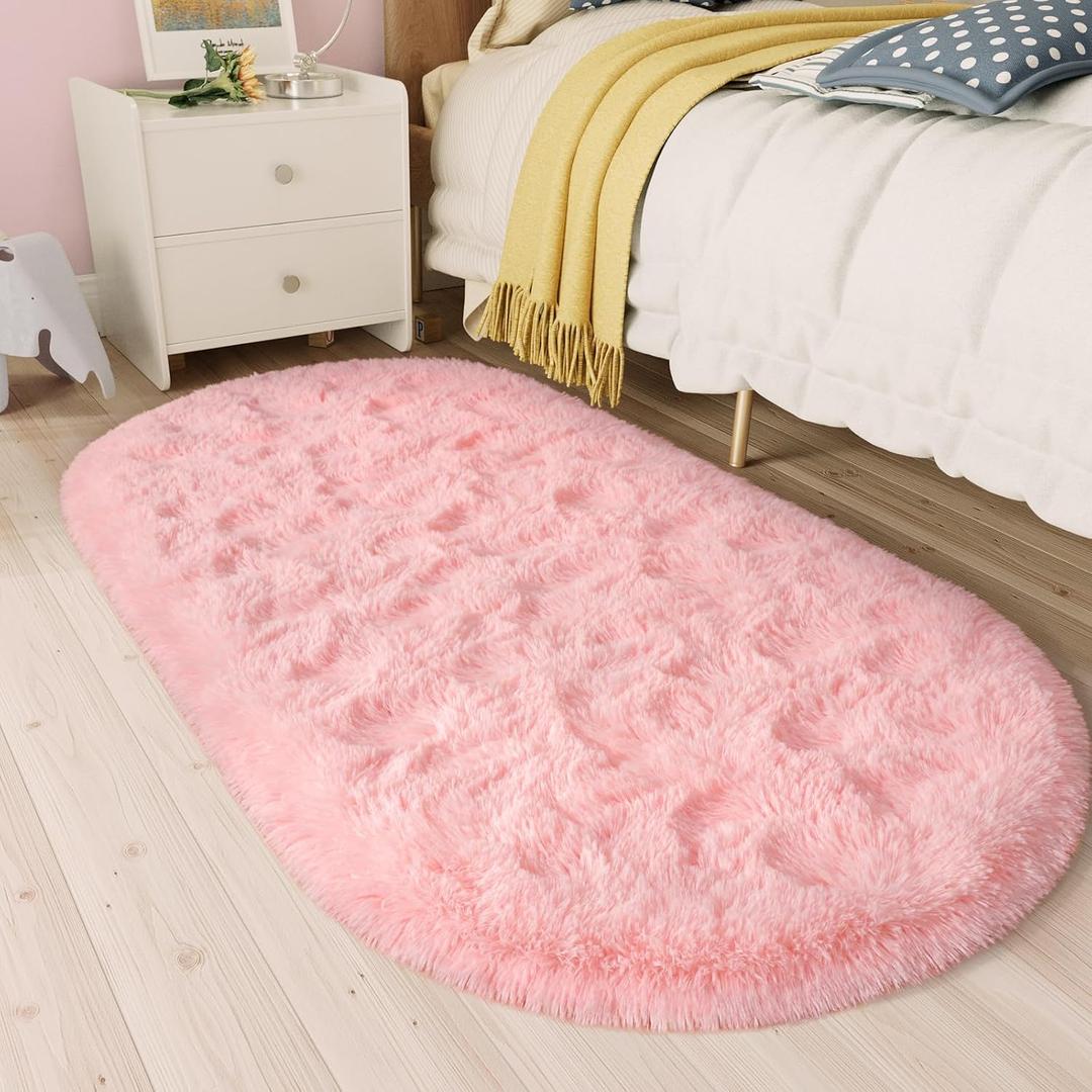LOCHAS Bedroom Rug 2.6' x 5.3', Pink Fluffy Shaggy Area Rug for Bedroom Bedside, Soft Oval Throw Rugs Carpet for Kids Girls Nursery Living Room Home Decor