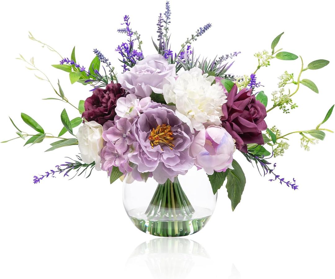 WELL KNOWN Artificial Flowers in Vase, Fake Lavender & Silk Peony Flower Bouquet Centerpieces in Glass Vase with Fake Water for Home Wedding Party Dining Table Decor & Mom's Gift (Purple Mixed Plus)