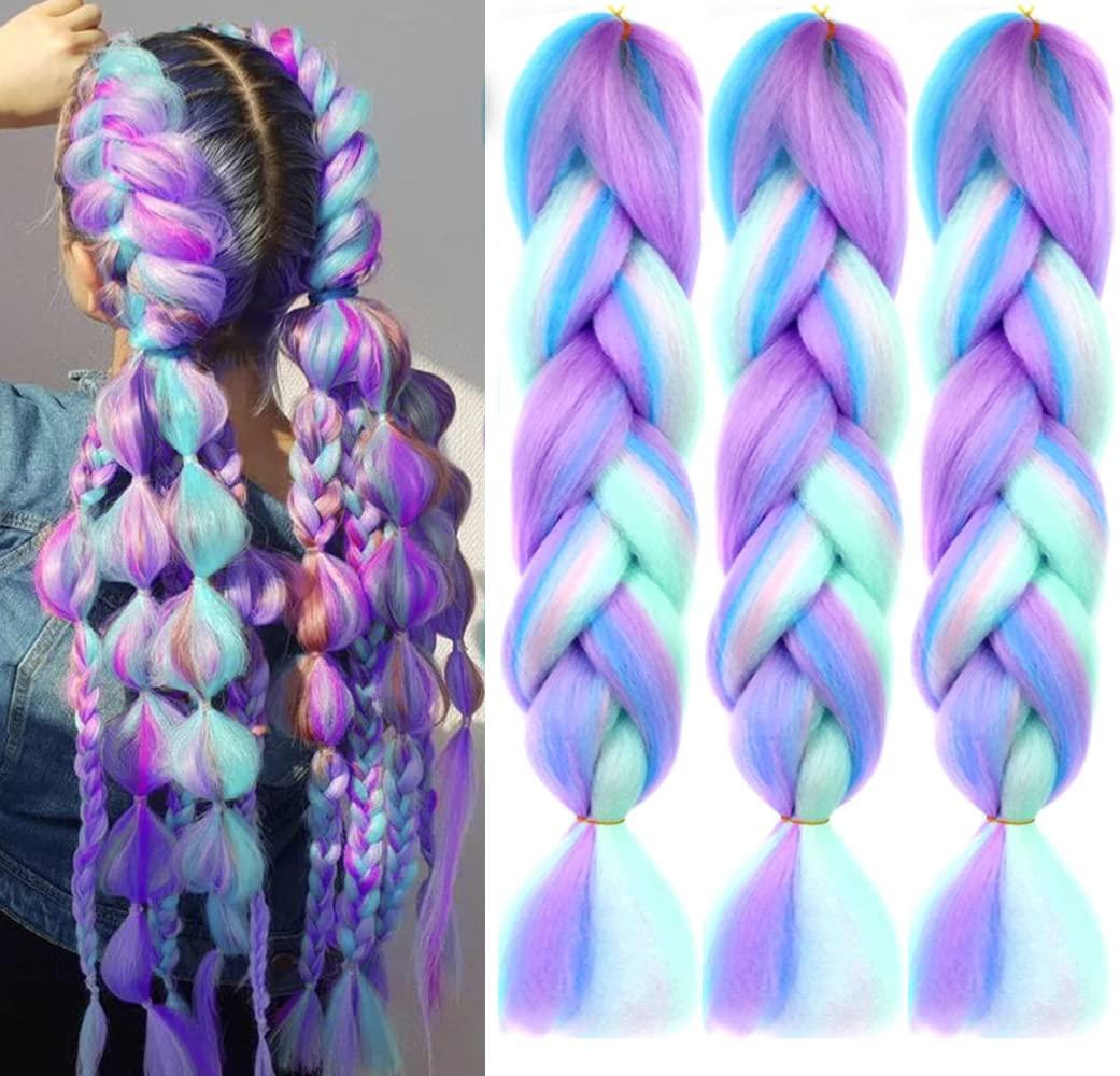 Ombre 4 Colors Mix Braiding Hair 3pcs Extensions Jumbo Hair Rainbow Color Colorful Twist Braid wigs Dreadlocks ( Pink /Purple/Green/Blue/ Light Cyan) (Lot 24Inch) (ps18)
