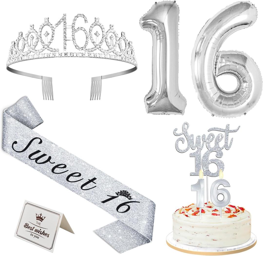 Sweet 16 Birthday Decorations for Girls Silver with Sweet 16 Sash and Tiara, Cake Topper and Candles, Silver Number Balloons, 16th Birthday Gifts for Girls