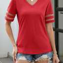 TICTICMISS Women's V Neck T Shirts Mesh Panel Short Sleeve Tops Casual Summer Tees (Red, M)