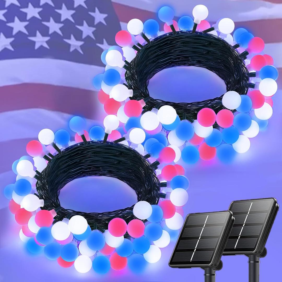 2-Pack 80 LED Red White and Blue Solar String Lights Outdoor - Waterproof 39FT Globe LED Solar Patriotic American Flag Lights with 8 Modes, 4th of July Decorations for Independence Day Memorial Day