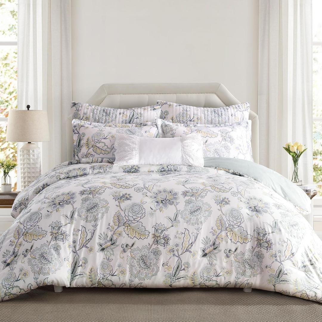 Levtex Home Ophelia Spa Reversible King/Cal King Comforter Set (106x94in) with 2 Pillowcases (36x20in) - Bedding - Blue, Yellow, White - Rayon King Size Comforter Set - Lightweight, Soft, Pre-Washed