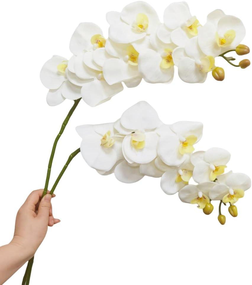 2 Pcs Orchid Stems 38" Artificial Flowers Real Touch Latex Faux Phalaenopsis Branches White Artificial Flowers for Wedding Party Home Garden Decor (White)