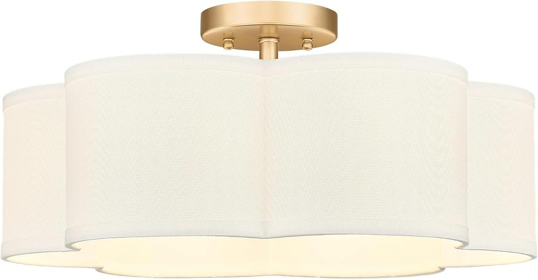 Gold Semi Flush Mount Ceiling Lights, 6-Light 18Inch Ceiling Light Fixtures with Fabric Shade in Flower Shape, Farmhouse Brass Drum Lighting for Nursery Bedroom Kitchen, AD-22007-6SF-GD