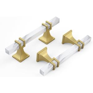 10 Pack 3 Inch White Marble Cabinet Pulls, Gold Cabinet Handles Marble Grain and Gold Pulls, Kitchen Cabinet Handles Square Dresser Drawer Pulls Kitchen Hardware